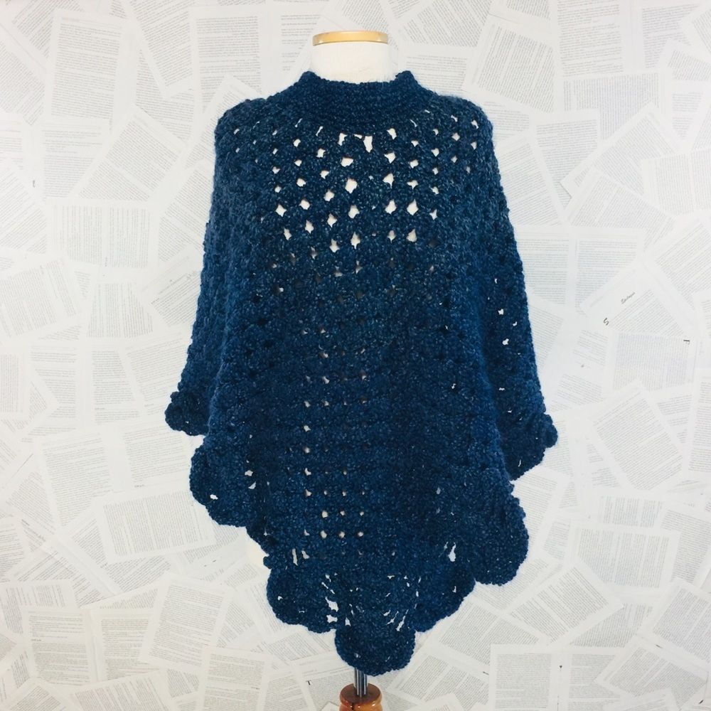 Handmade Chunky Knit Cape Navy Blue Scalloped